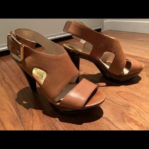 Michael Kors Tan Brown Leather Cutout High Heel Sandals with Gold Buckle